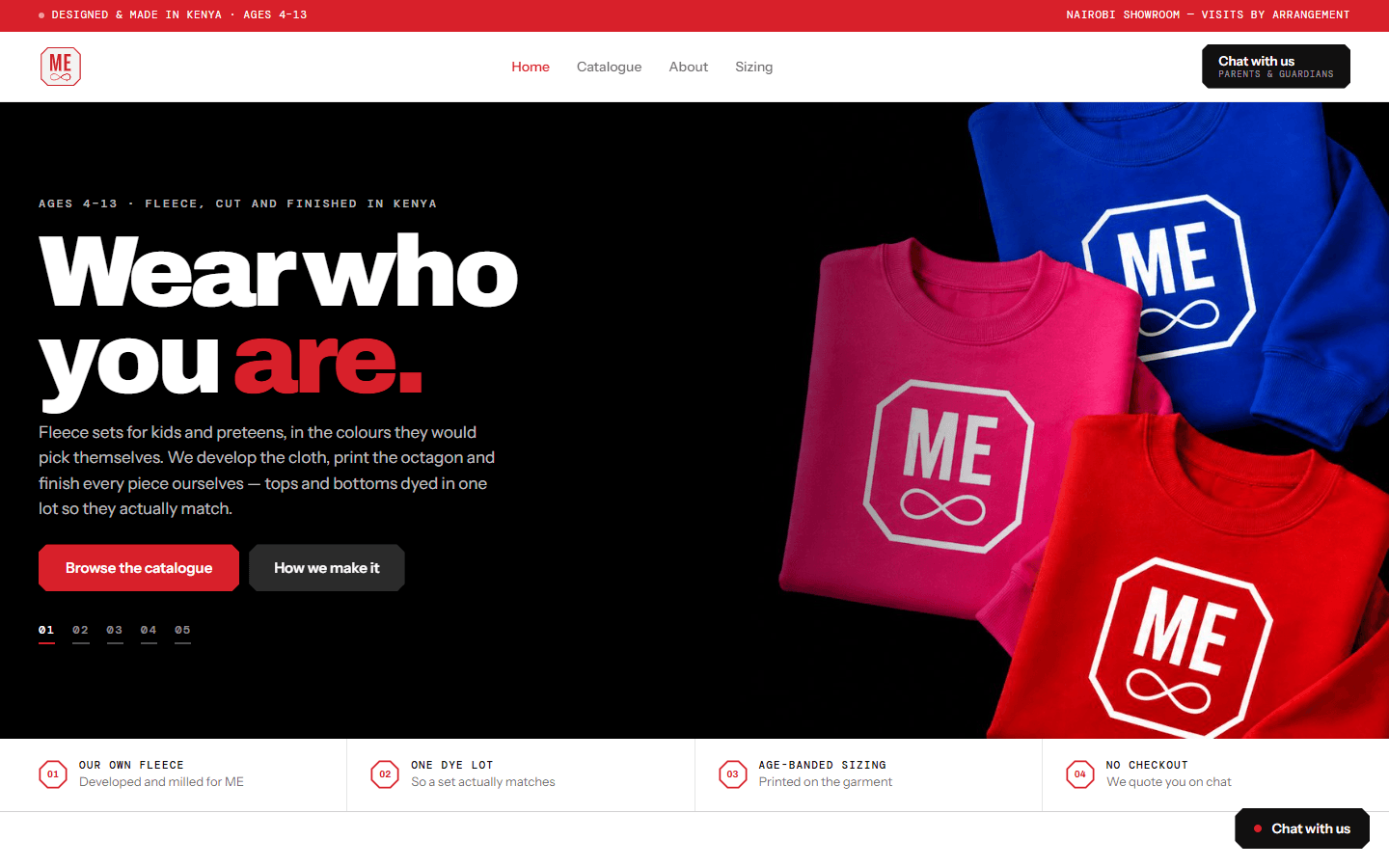 Current ME storefront hero with colorful garments