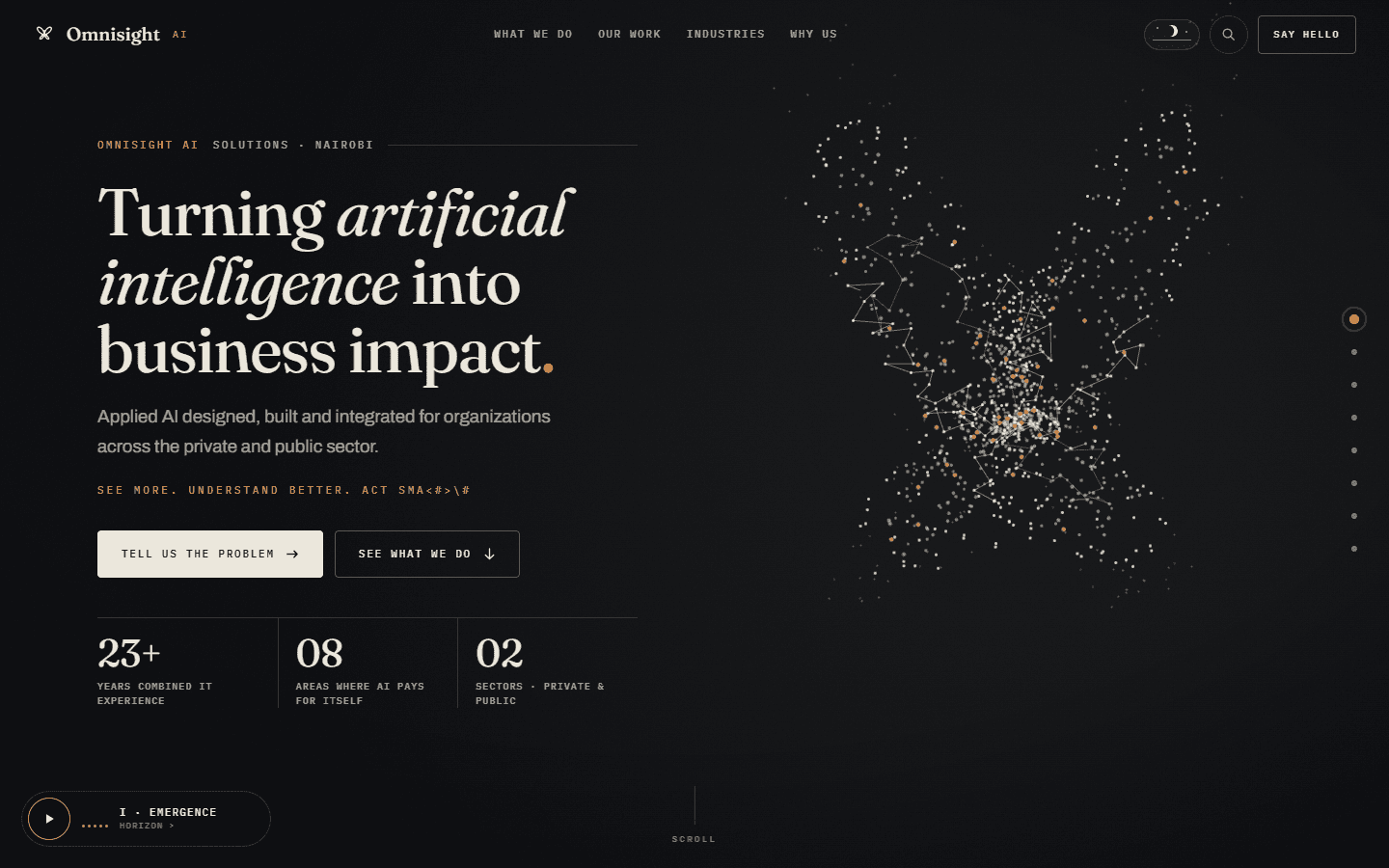 Current Omnisight website hero with editorial copy and a generative constellation